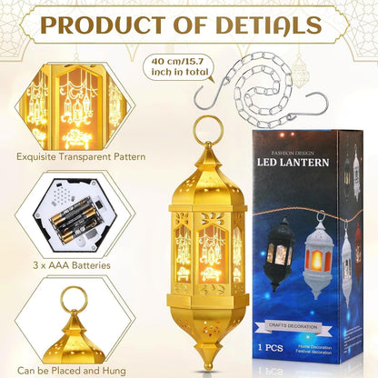 4 Pcs Ramadan Lantern Hanging Hexagon Decorations Ramadan Mubarak Lantern LED Eid Mubarak Lights Kids Gifts for Home Muslim Islam Festival Porch Decor(Electroplated Gold)