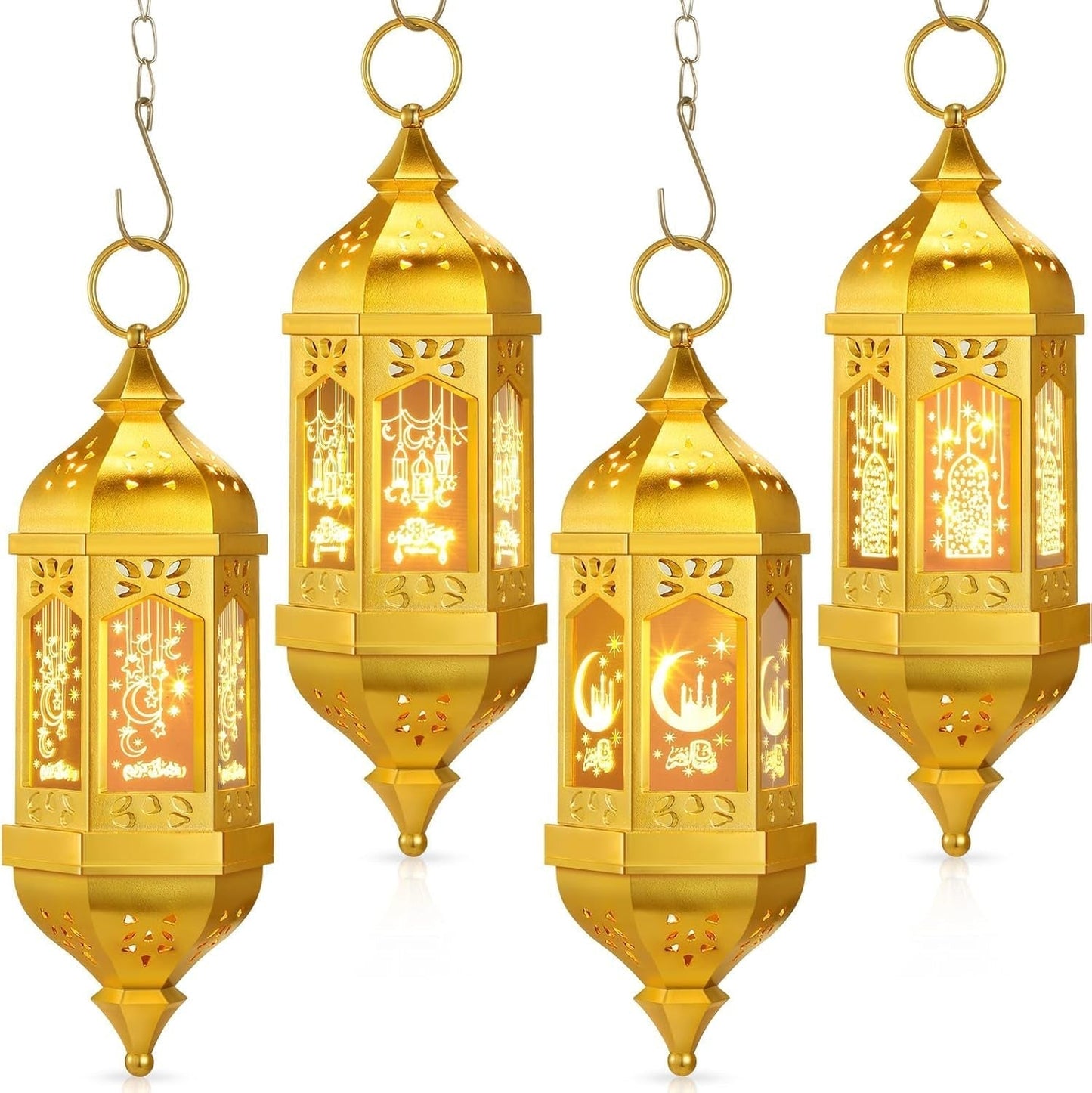 4 Pcs Ramadan Lantern Hanging Hexagon Decorations Ramadan Mubarak Lantern LED Eid Mubarak Lights Kids Gifts for Home Muslim Islam Festival Porch Decor(Electroplated Gold) - WORLD TIME VISITS