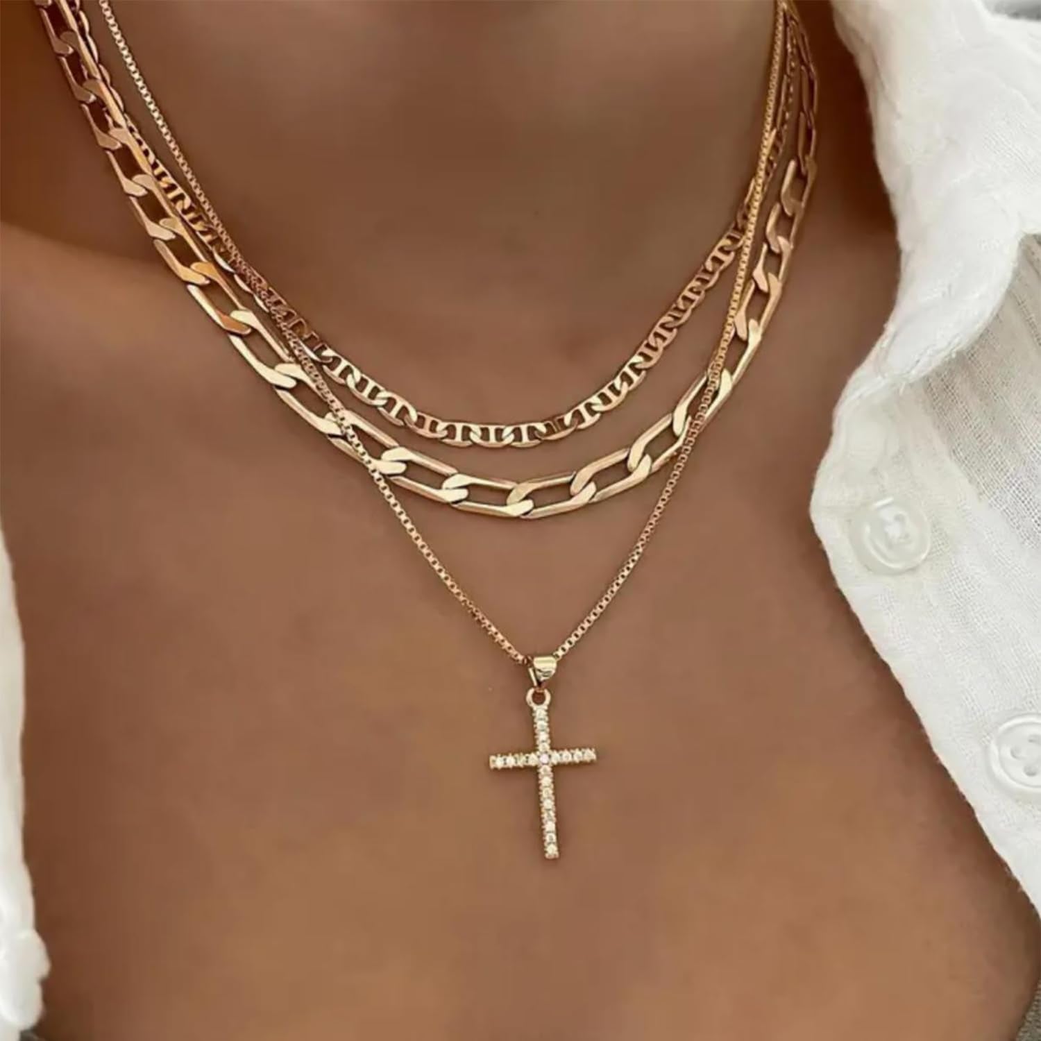 Cross Necklace for Women,Stackable Stacked Stacking Layering Layered Necklaces Dainty Gold Necklace Paperclip Box Flat Mariner Chain Necklace Cross Pendant CZ Diamond Simple Jewelry Gift - WORLD TIME VISITS