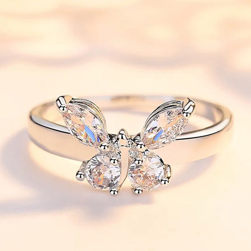 "If you are in full bloom, the butterfly will come" luxury silver crystal butterfly ring cubic zirconia exquisite bridal wedding party ring fashion jewelry (size: 5-11)