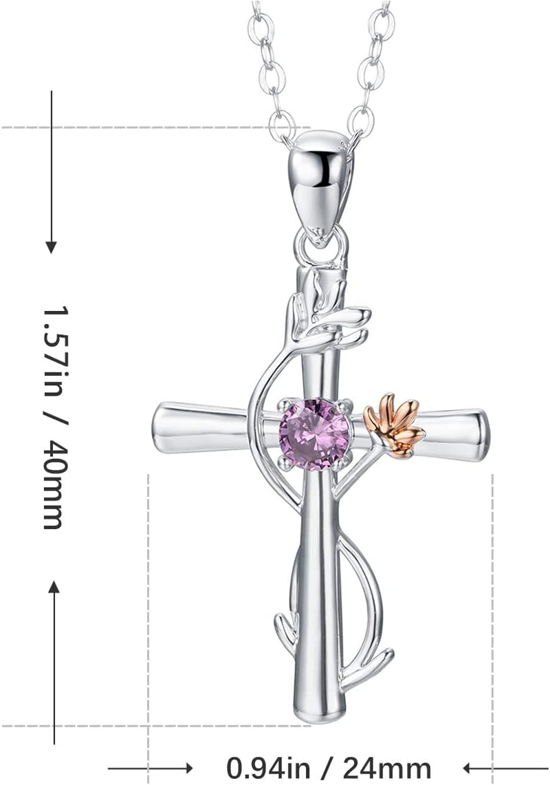 Cross Necklace for Women, Birthstone Pendant Flower Heart/Love Shape Created Gemstone, Birthday Anniversary Mothers Valentine'S Day Gifts for Her, 18 to 20 Inch