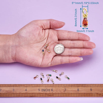 20Pcs Cubic Zirconia Mini Rhinestone Charms Brass Pave CZ Water Drop Extender End Charms Colorful 18K Gold Faceted Dangle Teardrop Birthstone Pendant Bulk with Loop for Jewelry Making 8X3Mm