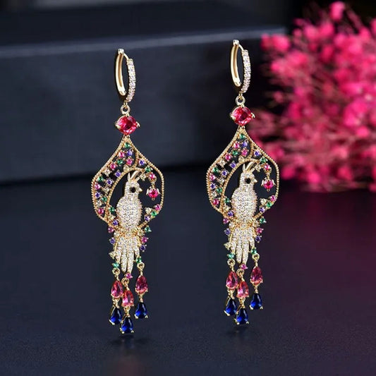 Gloriya Noble Full Pave CZ Big Peacock with Long Water Drop Tassel Dangle Earrings for Women Vintage Multicolor Jewelry - WORLD TIME VISITS