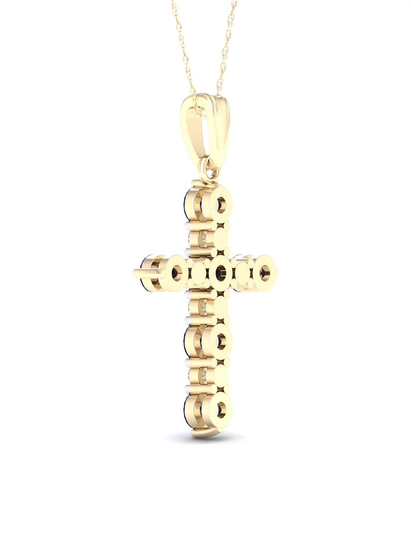 Gemstone 10K Yellow Gold round Blue Sapphire 1/10 CT TW Diamond Cross Necklace