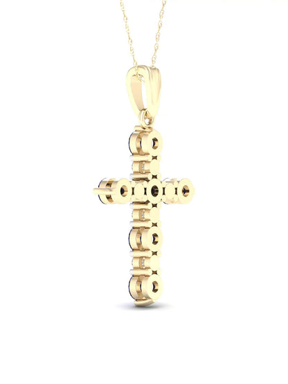 Gemstone 10K Yellow Gold round Blue Sapphire 1/10 CT TW Diamond Cross Necklace
