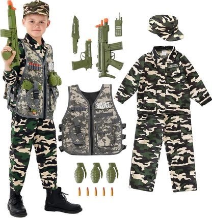 Army Uniform Cosplay Costume Soldier Outfits with Clothes, Tatical Vest and Other Toys Acessories for Kids