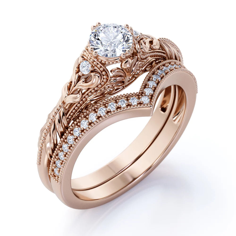 Engraved .68 Carat round Cut Real Diamond Victorian-Inspired Wedding Ring Set with Chevron Wedding Band in 10K Rose Gold