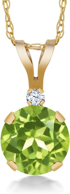 14K Yellow Gold Green Peridot and White Created Sapphire Pendant Necklace for Women (0.87 Cttw, Gemstone Birthstone, round 6MM)