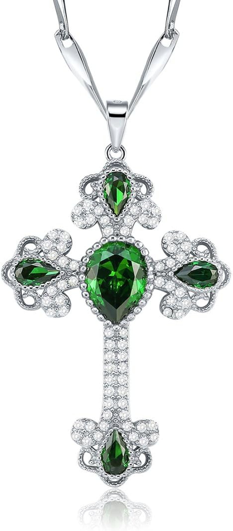 925 Sterling Silver Created Emerald Cross Pendant Necklace for Women Religious Jewelry Rhinestone Holy Irish Charm CZ Halo Christian Faith Keepsake - WORLD TIME VISITS