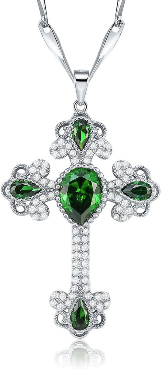925 Sterling Silver Created Emerald Cross Pendant Necklace for Women Religious Jewelry Rhinestone Holy Irish Charm CZ Halo Christian Faith Keepsake - WORLD TIME VISITS