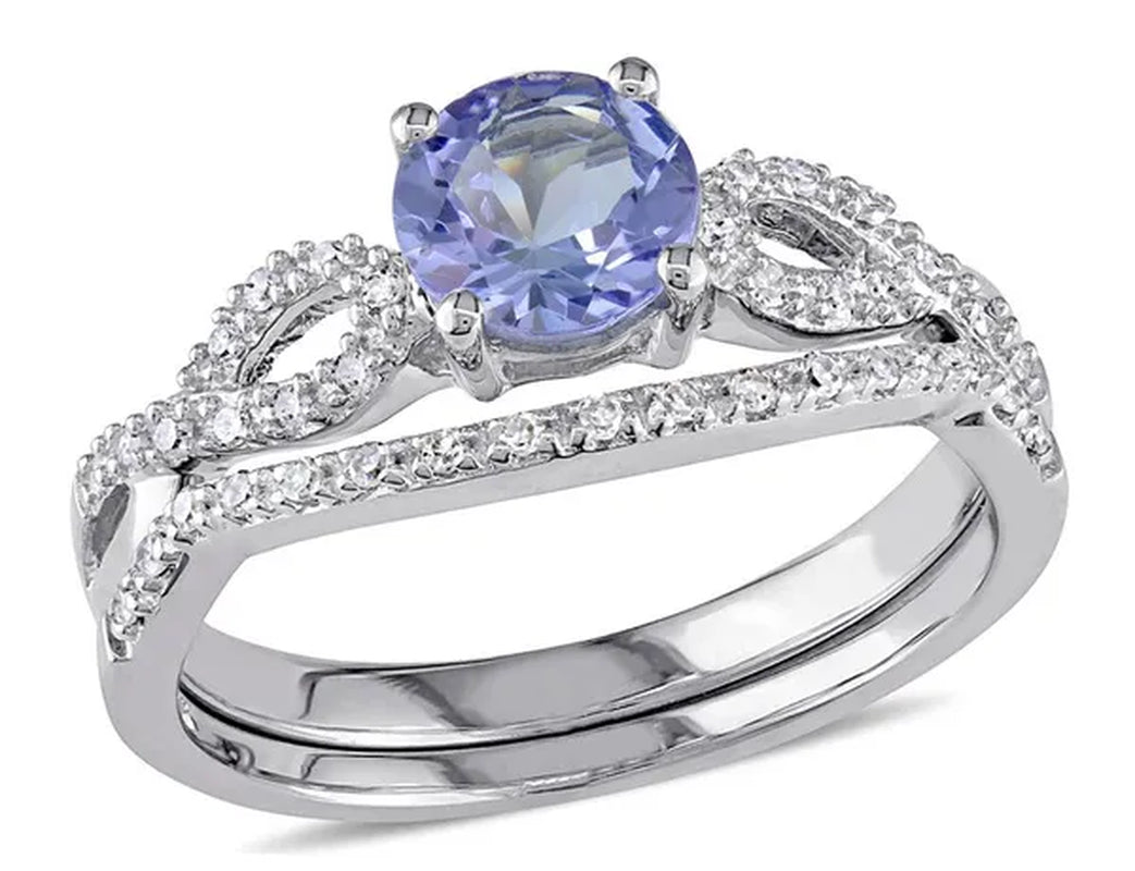 1.00 Carat (Ctw) Tanzanite Engagement Ring & Wedding Band in 10K White Gold with Diamonds
