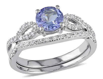 1.00 Carat (Ctw) Tanzanite Engagement Ring & Wedding Band in 10K White Gold with Diamonds