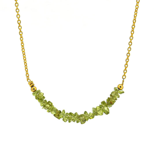 Gempires Peridot Chips Bar Necklace, Peridot Nugget Healing Crystals 3-5 Mm, August Birthstone Jewelry for Women, 18 Inches Adjustable Gold Plated Chain