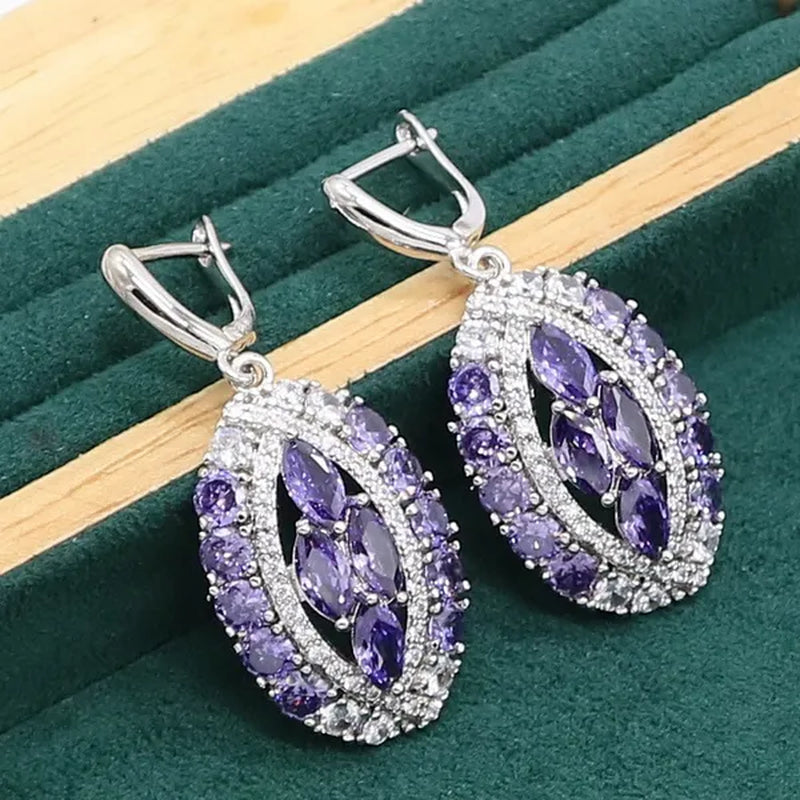Luxurious Purple Amethyst 925 Sterling Silver Jewelry Set For Women Bracelet Earrings Necklace Pendant Ring Birthday Gift