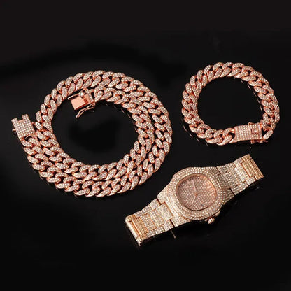 Iced Out Watch 18K Gold Diamond Miami Cuban Chain Link Choker Hip Hop Jewelry Gold Chain for Men Necklace Bracelet Ring Set