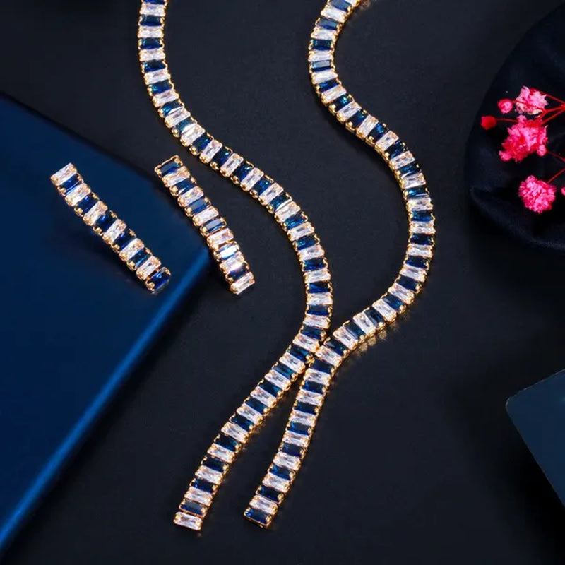 Gloriya Gorgeous Crystal Long Pendant Necklace Earrings Setting Yellow Gold Plated CZ Stone Ethiopian Indian Jewelry Set