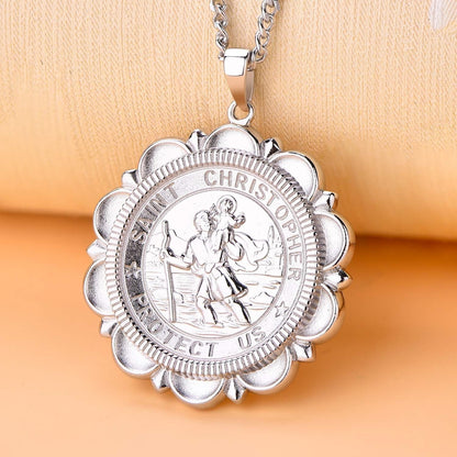 St Christopher Necklace Solid 925 Sterling Sliver Engraved Pendant round Religious Talisman Jewelry for Women