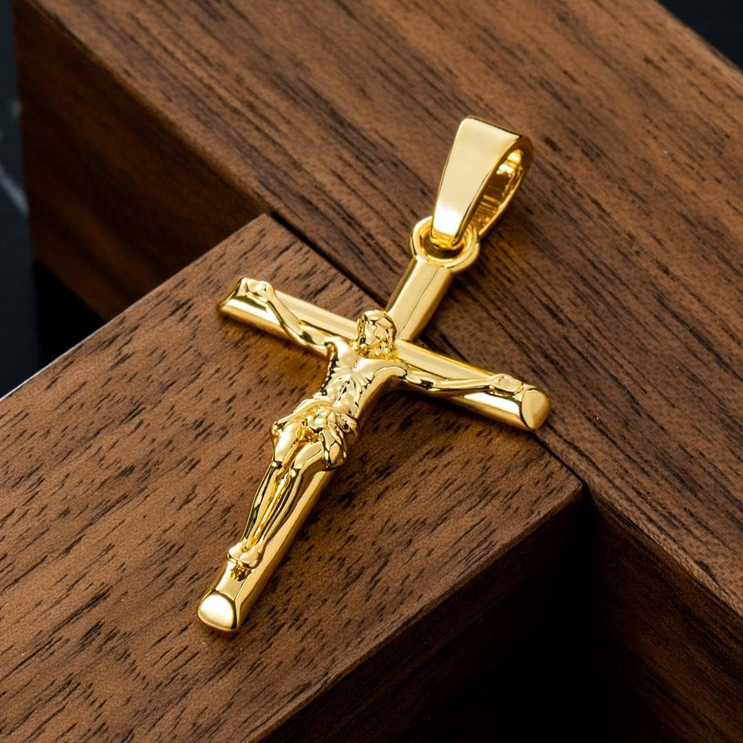 Crucifix Cross Necklace 18K Gold Plated Cross Pendant with 3Mm 22" Rope Chain for Men Women