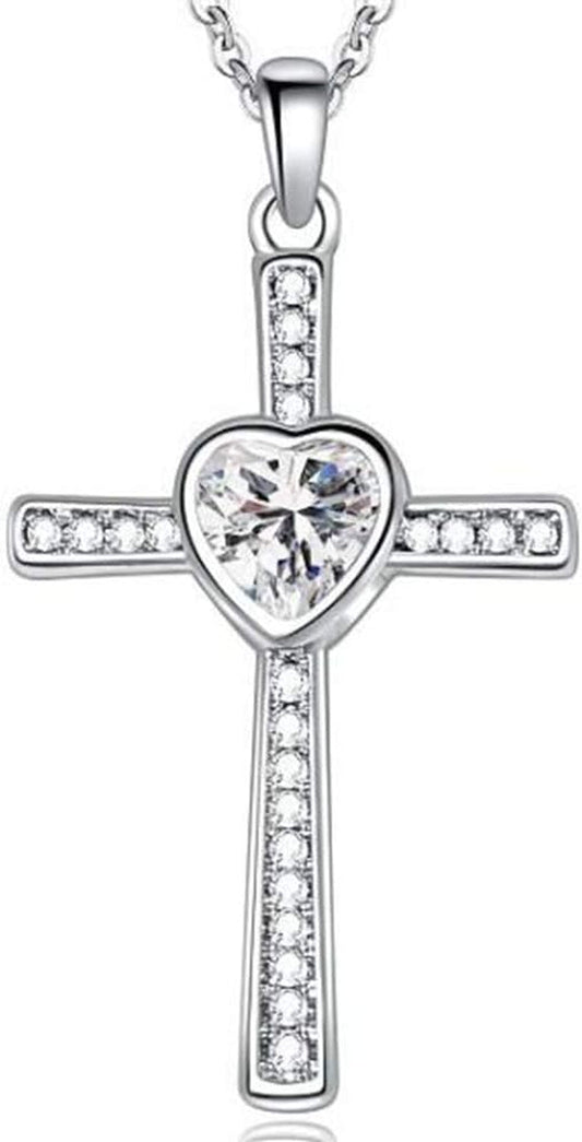 Stainless Steel Heart Birthstone Cross Statement Wedding Cocktail Party Pendant Necklace