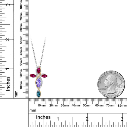 1.61 Ct Blue Tanzanite Red Created Ruby 925 Silver and 10K Yellow Gold Lab Grown Diamond Cross Pendant with Chain
