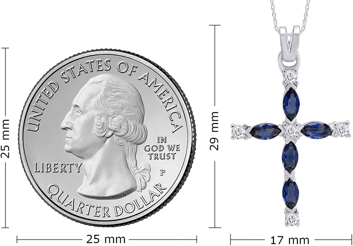 Marquise Cut Simulated Blue Sapphire White Diamond Cross Pendant Necklace in 10K Solid Gold