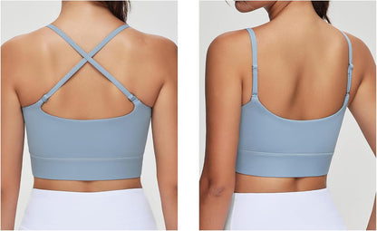 Women'S Adjustable Longline Sports Bras Scoop Neck Padded Wireless Workout Yoga Tops