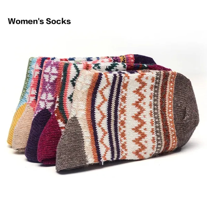 5Pairs Winter Knitting Cashmere Warm Cotton Soft Thicken Women Men Socks  Assorted Patterns Wool Sock For Men and Women
