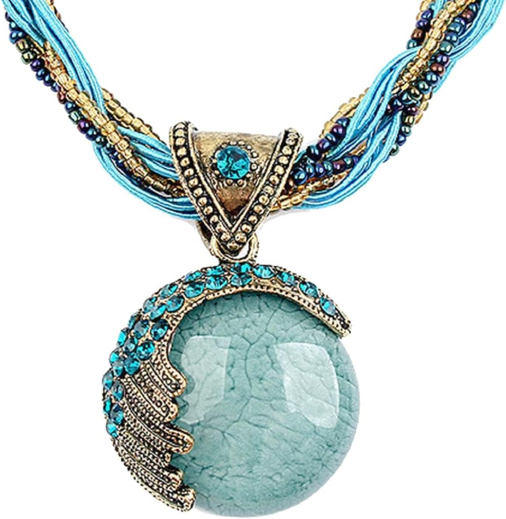 Women Lady Handmade Retro Vintage Bohemian Style Twist Woven Rope Chain Turquoise Rhinestone Pendant Collar Necklace Fashion Jewelry - WORLD TIME VISITS