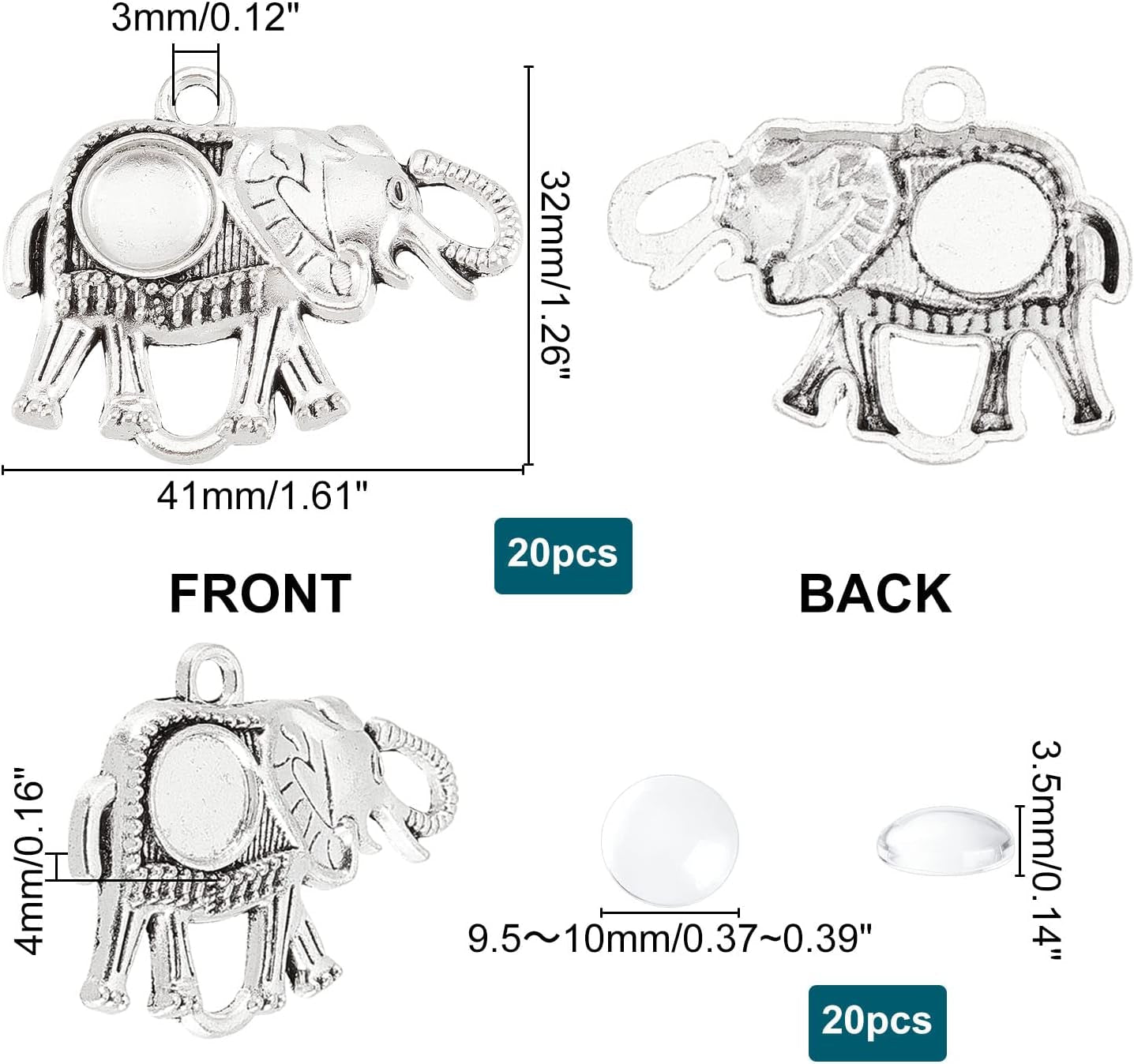 40Pcs Elephant Pendant Trays, 20Pcs Animal Photo Charms Blank Bezel with 20Pcs Transparent Glass Cabochon Dome Tiles Memorial Photo Pendant for Seaside Wedding Graduation Jewelry Making