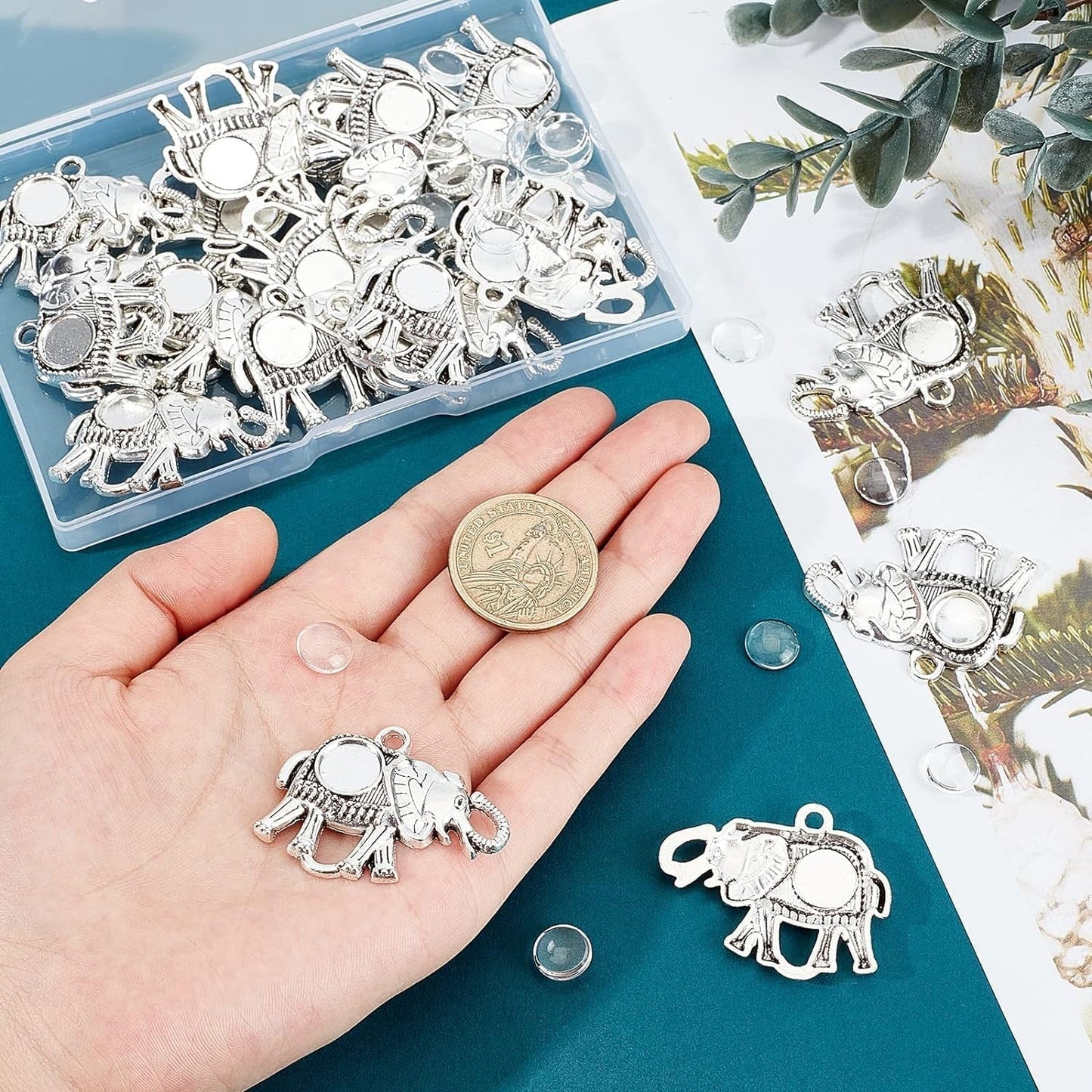 40Pcs Elephant Pendant Trays, 20Pcs Animal Photo Charms Blank Bezel with 20Pcs Transparent Glass Cabochon Dome Tiles Memorial Photo Pendant for Seaside Wedding Graduation Jewelry Making