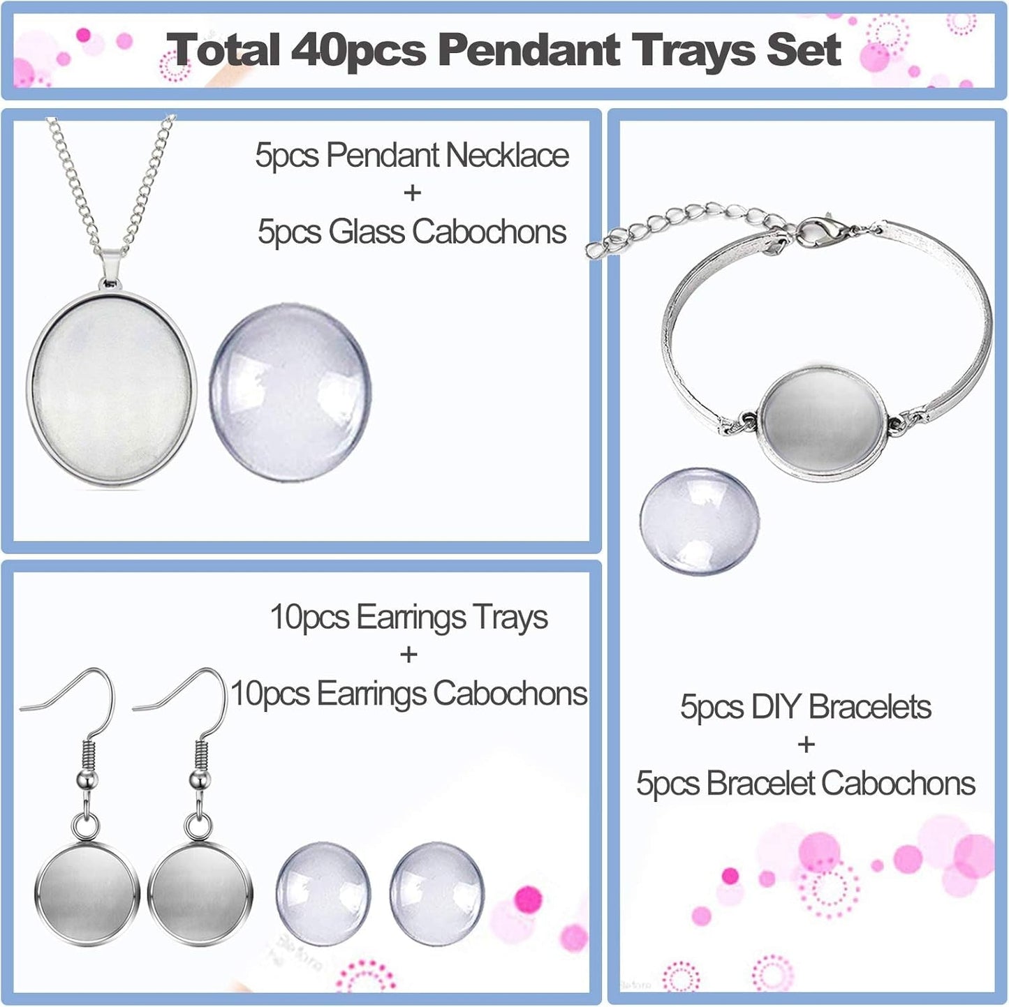 40Pcs Pendant Trays Set, Including 5Pcs Pendant Trays Necklace, 5Pcs Bracelet Bezel Settings, 10Pcs Glass Cabochons Earrings, 20Pcs Glass Dome Cabochon for DIY Jewelry Making