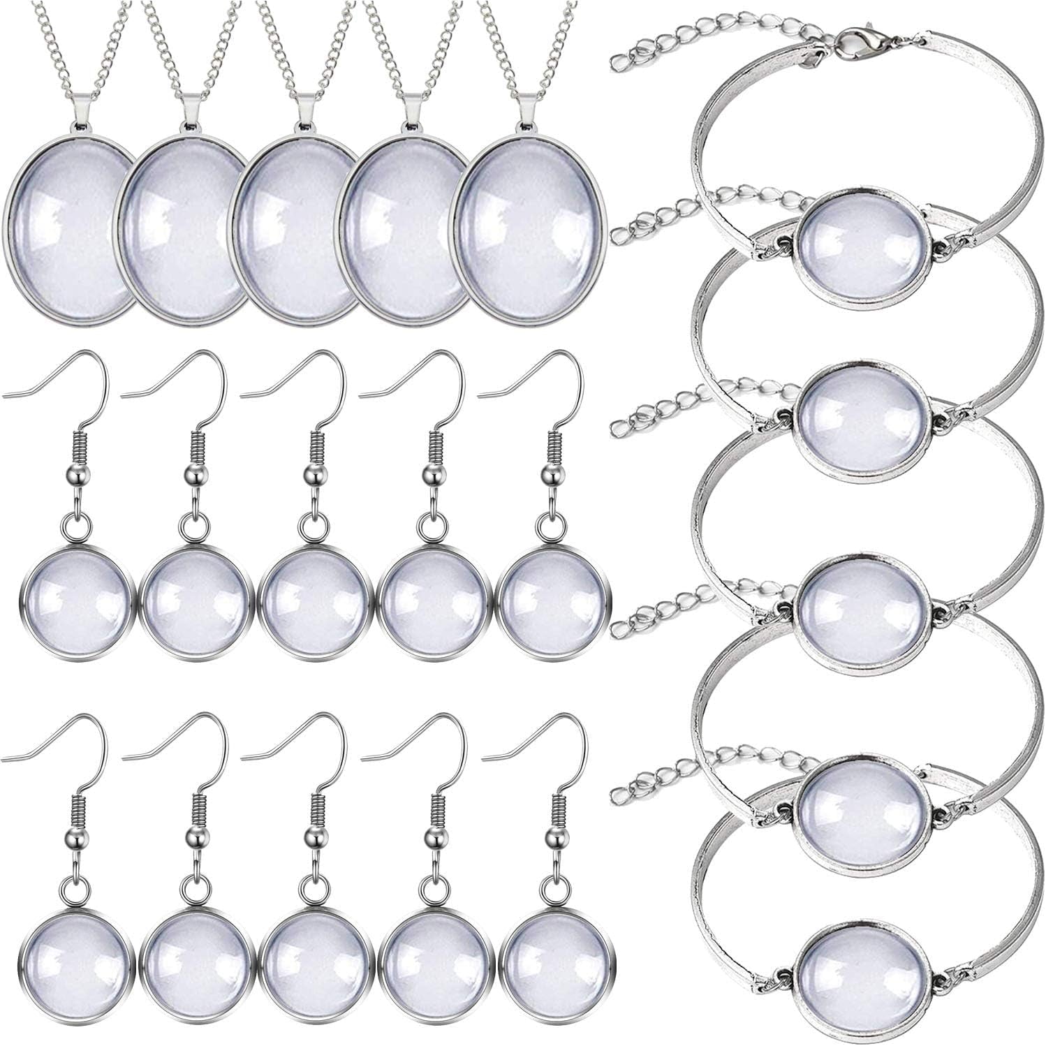 40Pcs Pendant Trays Set, Including 5Pcs Pendant Trays Necklace, 5Pcs Bracelet Bezel Settings, 10Pcs Glass Cabochons Earrings, 20Pcs Glass Dome Cabochon for DIY Jewelry Making - WORLD TIME VISITS