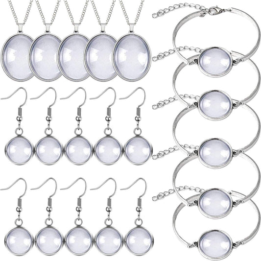 40Pcs Pendant Trays Set, Including 5Pcs Pendant Trays Necklace, 5Pcs Bracelet Bezel Settings, 10Pcs Glass Cabochons Earrings, 20Pcs Glass Dome Cabochon for DIY Jewelry Making - WORLD TIME VISITS