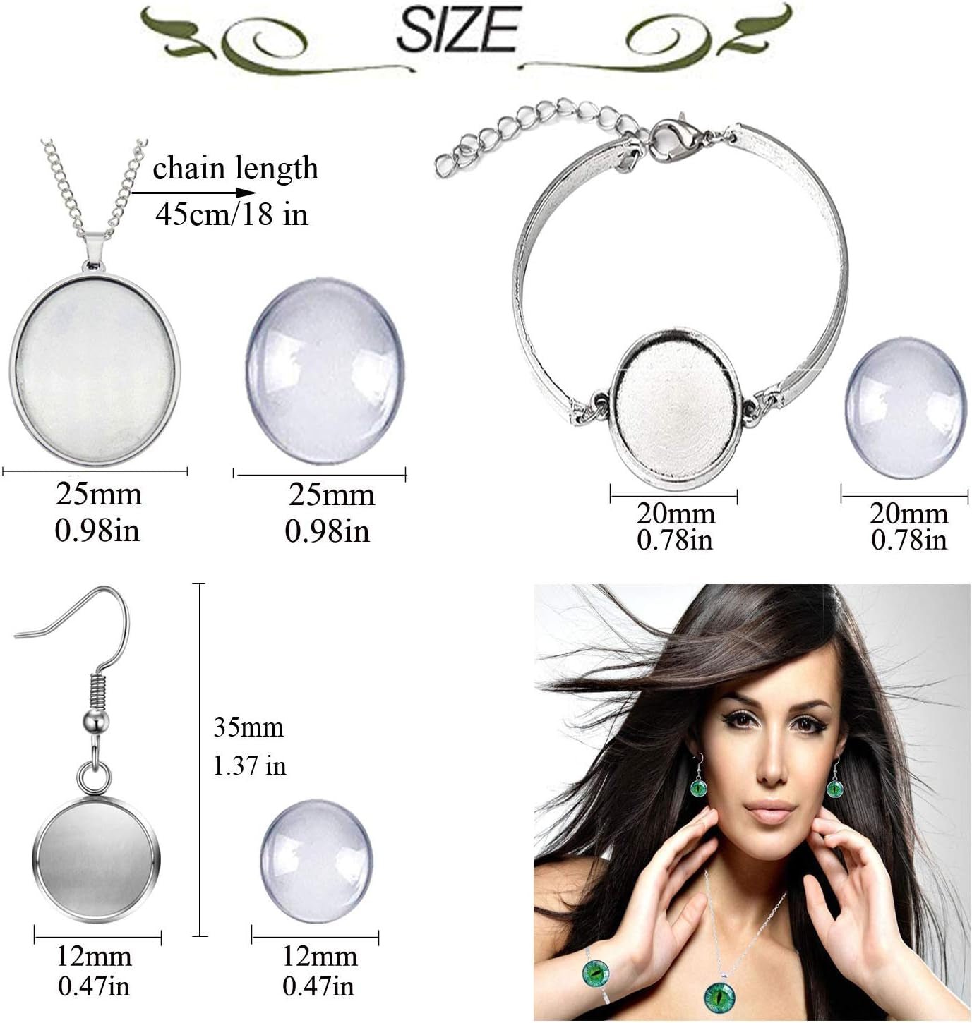 40Pcs Pendant Trays Set, Including 5Pcs Pendant Trays Necklace, 5Pcs Bracelet Bezel Settings, 10Pcs Glass Cabochons Earrings, 20Pcs Glass Dome Cabochon for DIY Jewelry Making