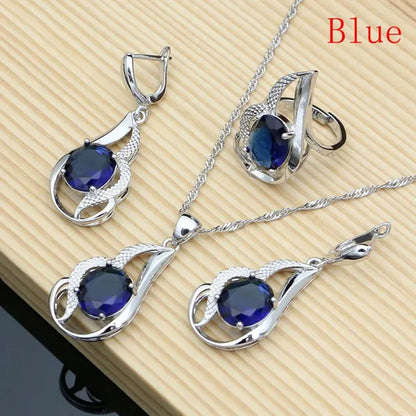 925 Silver Jewelry Sets for Women Rainbow Tourmaline Wedding Necklace Earrings Open Ring