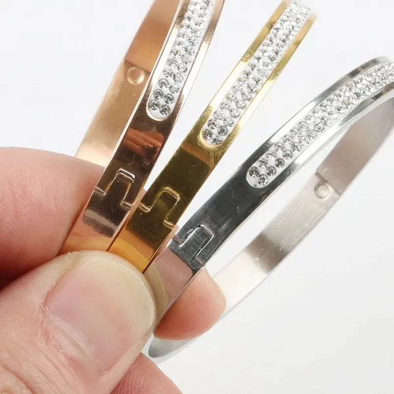3 Colors Rose Gold Silver Two Row Crystal Rhinestone Pave Stainless Steel Bracelets Bangles for Women Girl Gifts