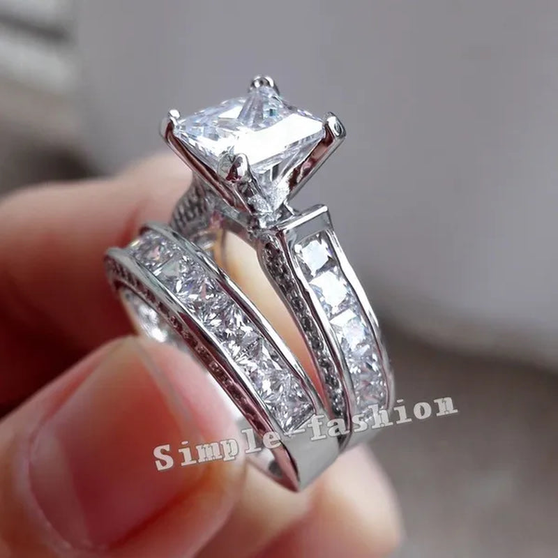 Fashion Women Princess Cut Diamonique White Topaz 925 Sterling Silver Wedding Ring Set Gift