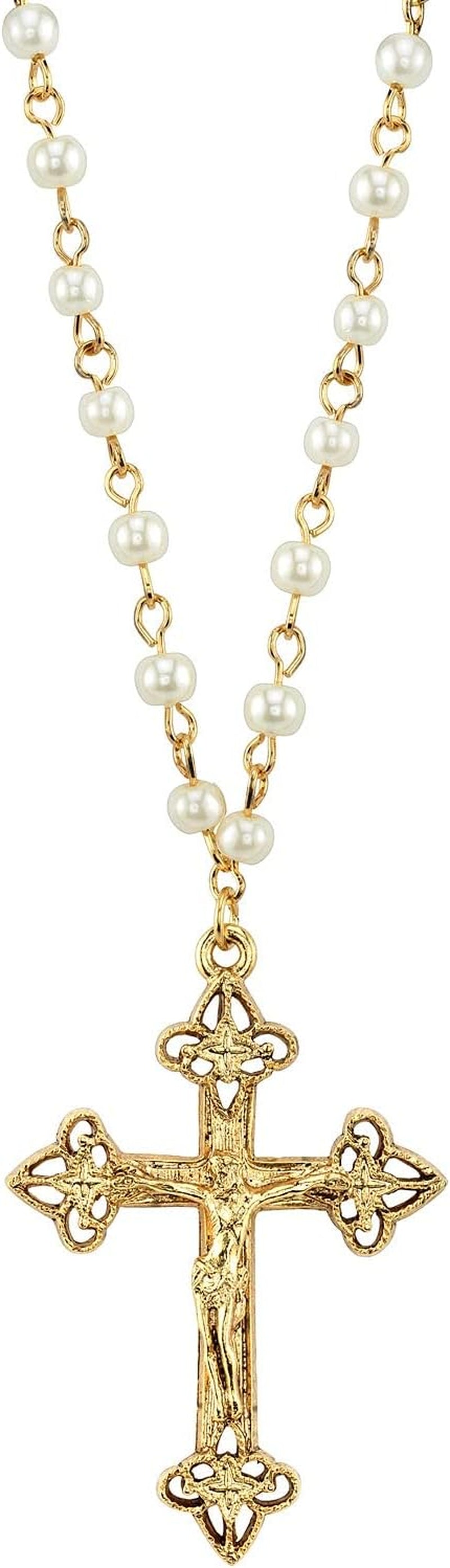 1928 Jewelry Women'S Gold Tone 4Mm Faux Pearl Chain Crucifix Cross Pendant Necklace 16" + 3" Extender - WORLD TIME VISITS