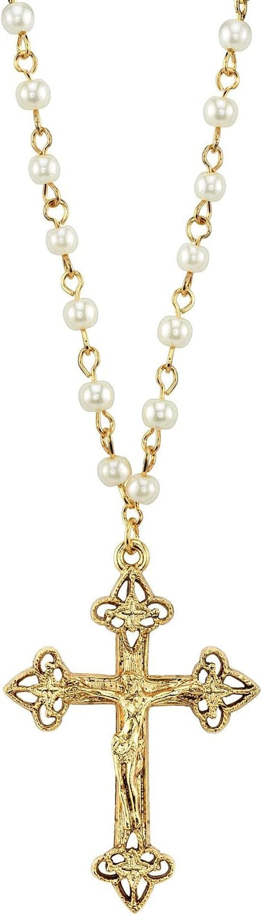 1928 Jewelry Women'S Gold Tone 4Mm Faux Pearl Chain Crucifix Cross Pendant Necklace 16" + 3" Extender - WORLD TIME VISITS
