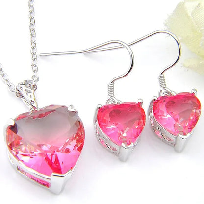Heart Cut Shine Dazzling Pink Fire Bi-Colored Tourmaline Gemstone Silver Dangle Earrings Pendant Necklaces Jewelry Sets for Women Wedding Holiday Friends