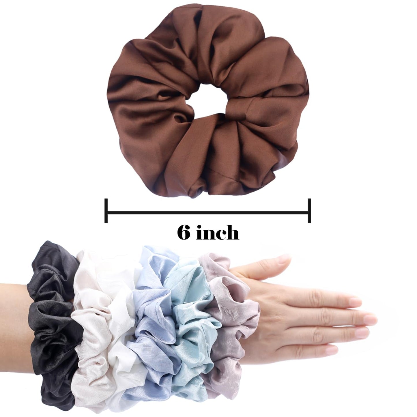 Big Scrunchies for Women Thick Hair, Premium Satin Softer than Silk, XL 6 Inch Extra Large Scrunchy Elastic Hair Bands Accessories, 6 Pack, Neutral