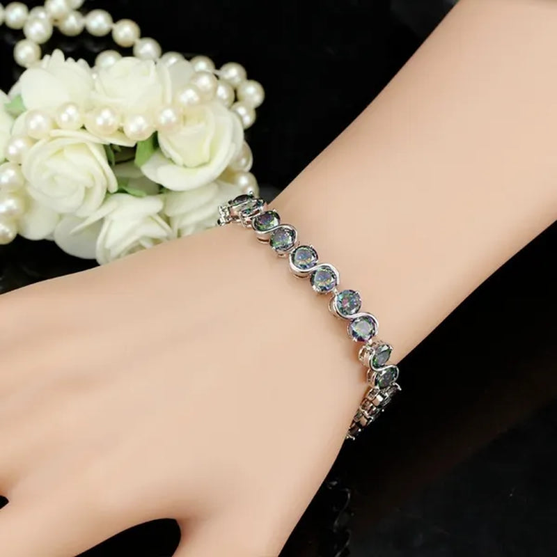 CANDICE Amazing S Shaped with Round Genuine Mystic Rainbow Crystal Stone Women Bracelet Solid Sterling Silver Plated