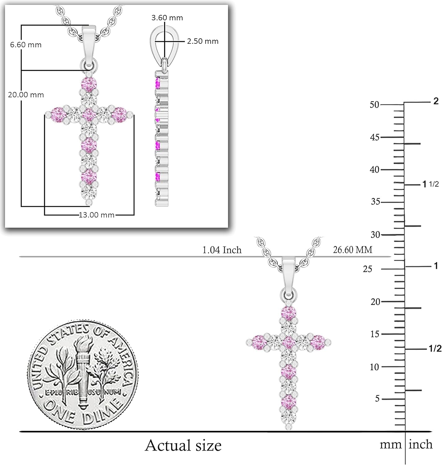 Alternate round Diamond or Gemstone Crucifix Cross Pendant for Ladies with 18 Inch Silver Chain, 925 Sterling Silver