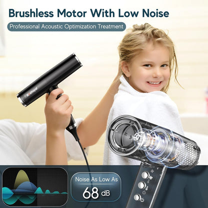 Professional High Speed Hair Dryer, Ionic Hair Dryer 110,000 RPM Brushless Motor for Fast Drying,1600W Low Noise Blow Dryer, Portable Hair Dryer for Travel Home Gift (Black)