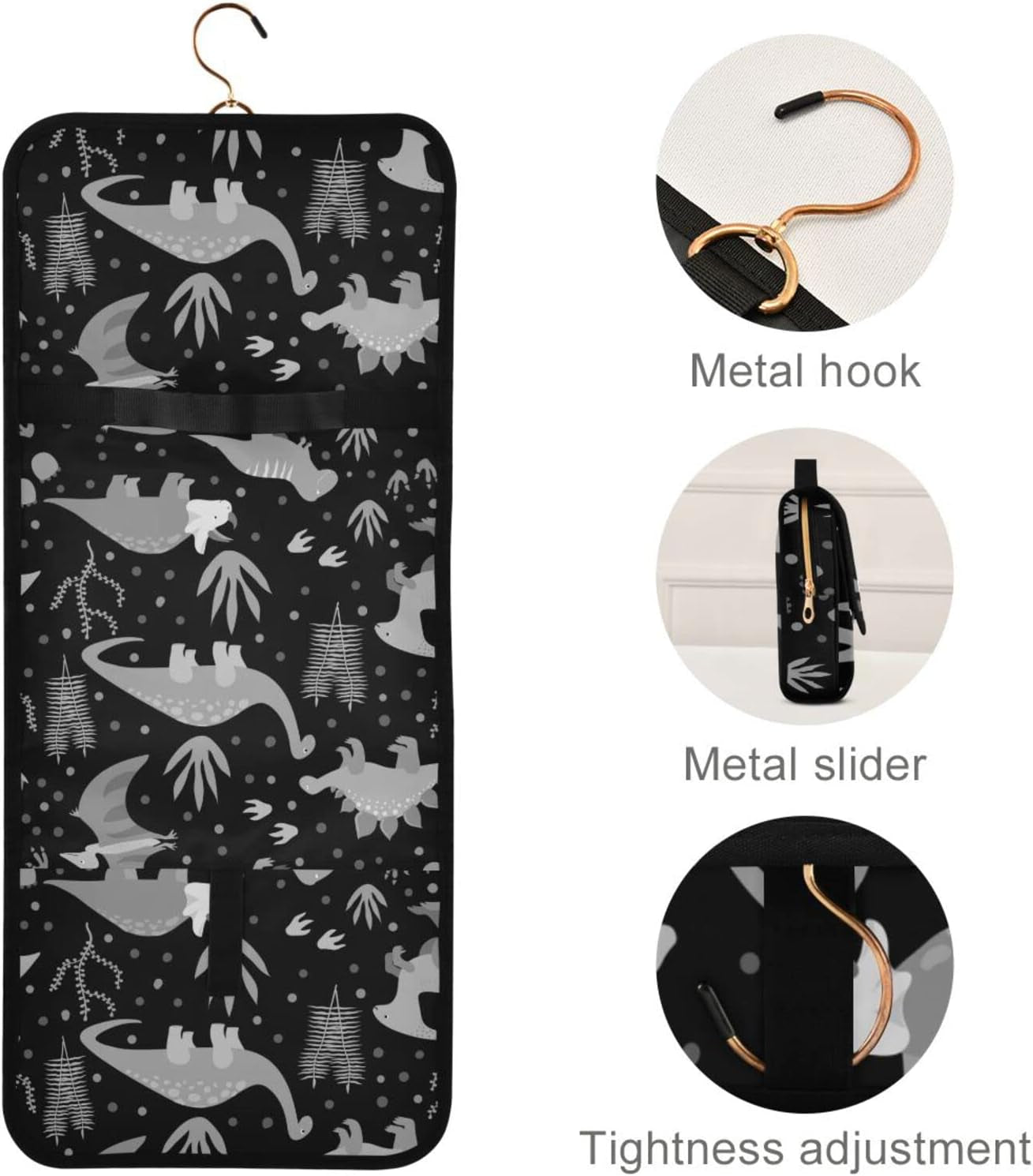 Seamless Retro Russian Cat Snowflakes on Black Happy New Year 3 Pcs Set Toiletry Bags, 1 Women'S Travel Cosmetic Bag, 1 Hanging Toiletry Wash Bag, 1 Brush Case, Portable Makeup Storage Case