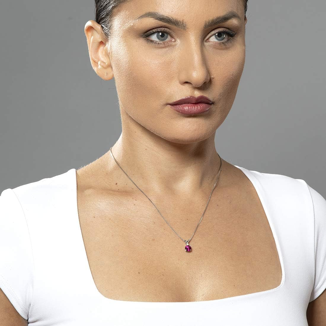 14K White Gold Created Ruby with Genuine Diamond Pendant, Elegant Solitaire, round Shape, 6.50Mm, 1.35 Carats Total
