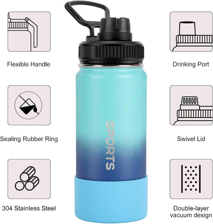 16Oz Water Bottle 2 Pack, Sport Drinking Bottles Stainless Steel Leak Proof, Double Walled Vacuum Insulated Tumbler, Metal Gym Travel Mug Togo, Insulated Cup for Men, Women, Kids (Gradient) - WORLD TIME VISITS