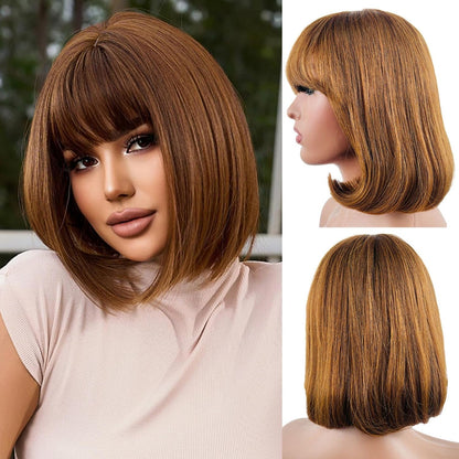 Short Bob Wig with Bangs 10 Inch Brazilian Straight Hair No Lace Front Bob Wig Human Hair Wigs for Black Women Human Hair Glueless Wear and Go Brown Colored