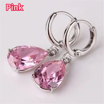 Women Silver Plated Pink Blue Cubic Zirconia Earrings Water Drop Pendant Earrings Bride Wedding Engagement Anniversary Gift Jewelry - WORLD TIME VISITS