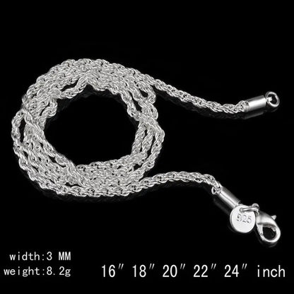 100% Genuine 925 Sterling Silver Rope Twist Necklace For Women and Men,Width 3mm Length:16.18.20.22.24,26,28,30inch, Retail Price:$299